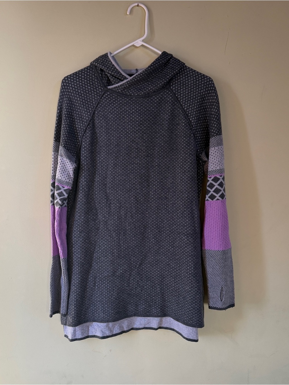 Krimson Klover Gray Cowl Neck Sweater with Purple Sleeve Panels
